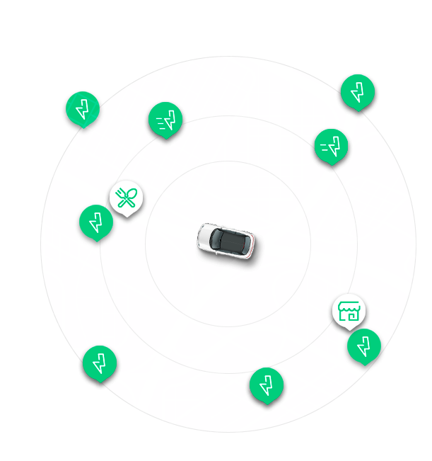 Illustration of an electric car in a city map and icons representing charging points