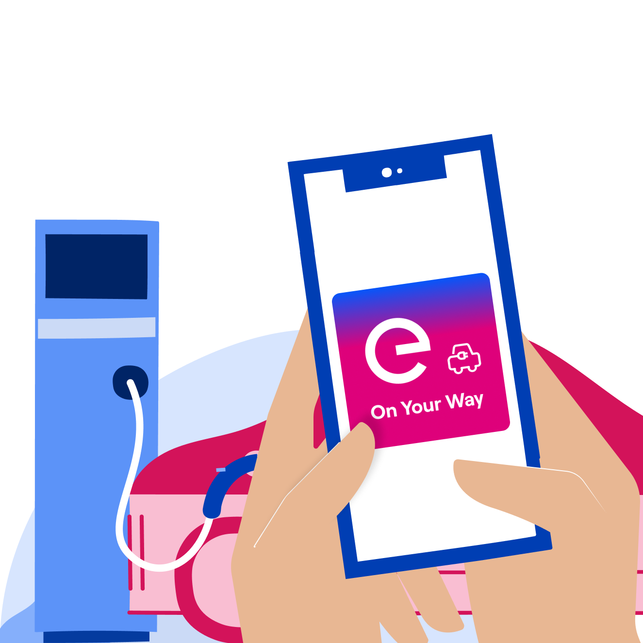 Illustrazione di una mano che regge uno smartphone; sullo schermo è visualizzata un'app con un logo a forma di "e" e la scritta "On Your Way". Lo sfondo mostra un'auto elettrica e una stazione di ricarica.
