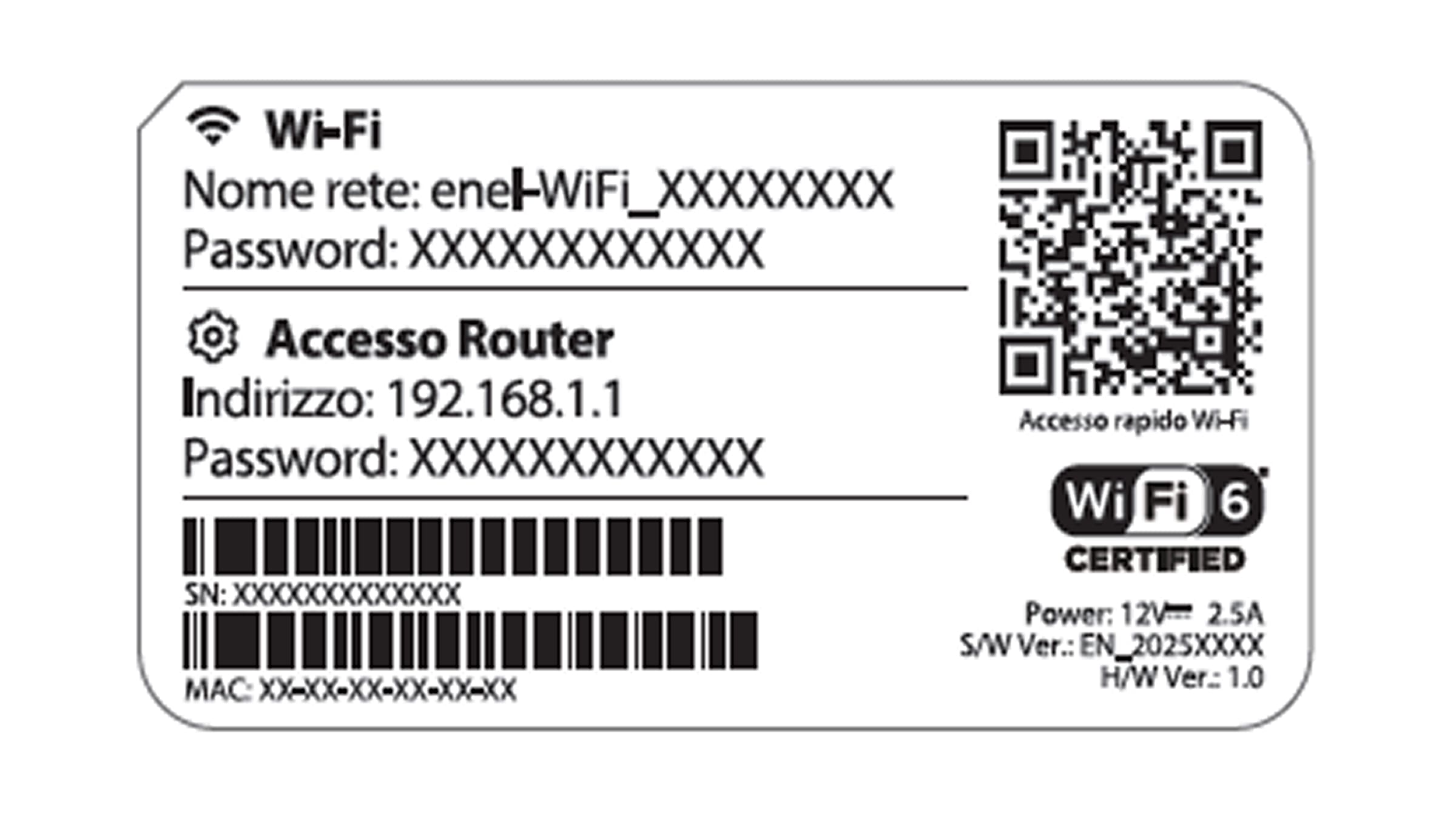 Immagine che mostra l’etichetta del modem con i dati della rete Wi-Fi, inclusi nome rete (SSID), password, indirizzo di accesso al router e QR code per la connessione rapida.