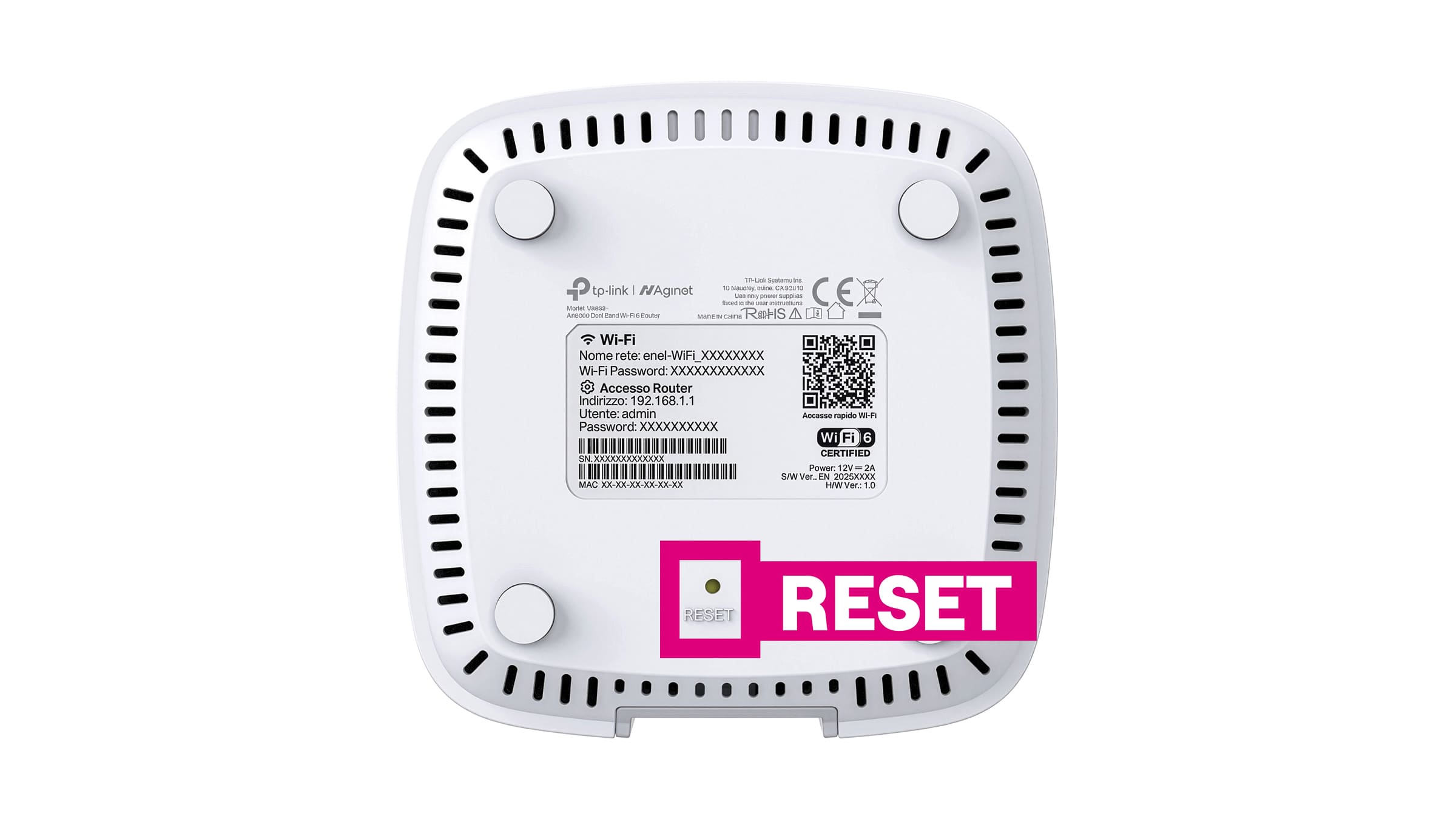 Immagine che mostra la parte inferiore del modem, con evidenziato il foro RESET da premere per ripristinare le impostazioni di fabbrica.