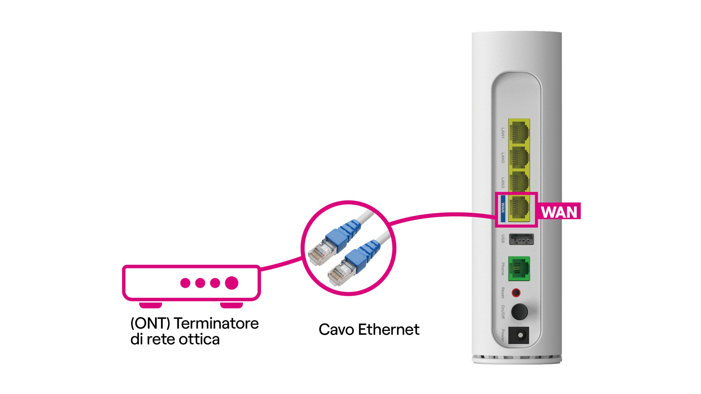 Immagine che mostra il cavo Ethernet, con evidenziate le due estremità da collegare: una alla porta WAN del modem e l’altra all’ONT (Terminatore di rete ottica).