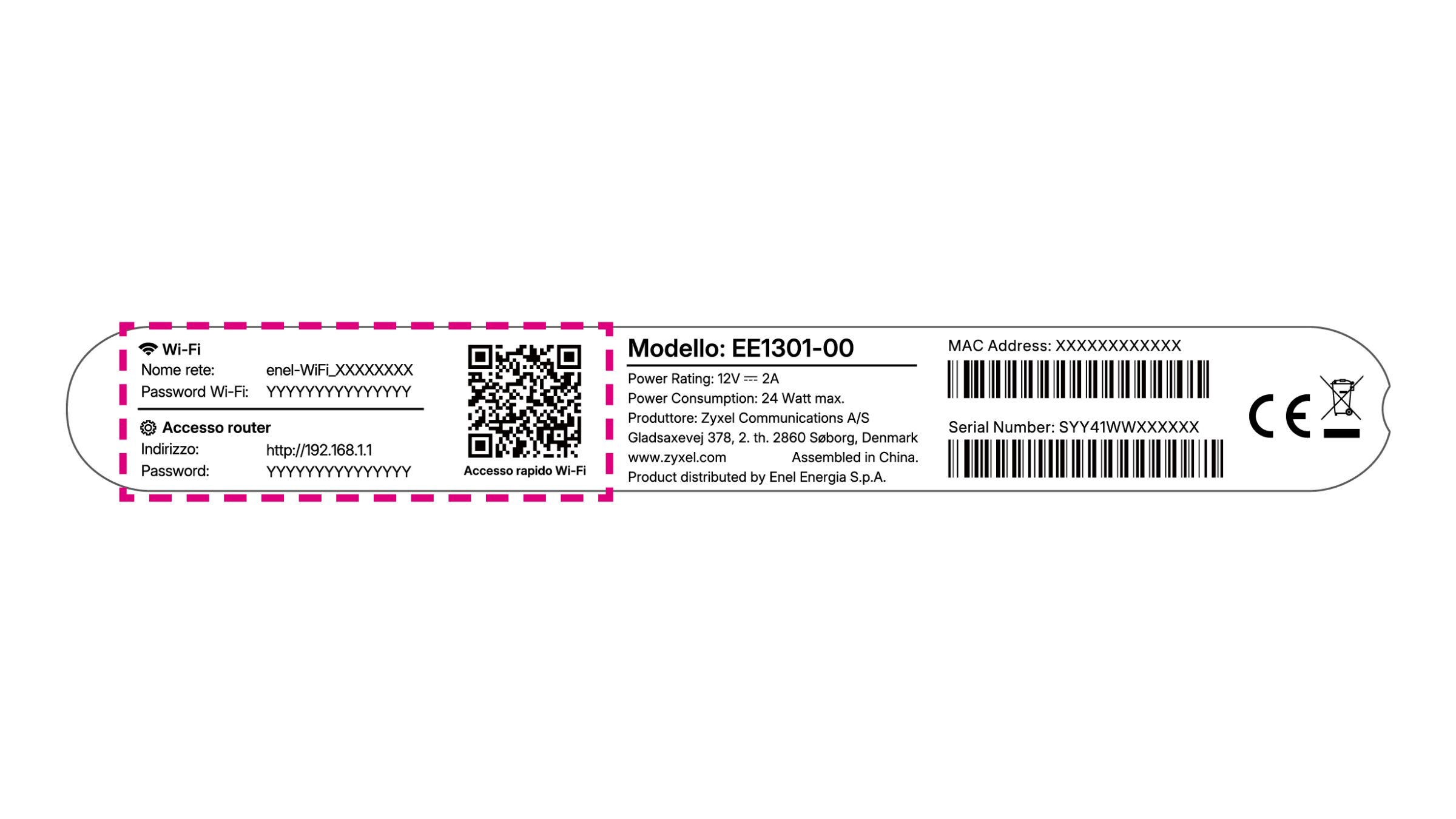 Immagine che mostra l’etichetta del modem con i dati della rete Wi-Fi, inclusi nome rete (SSID), password, indirizzo di accesso al router e QR code per la connessione rapida.