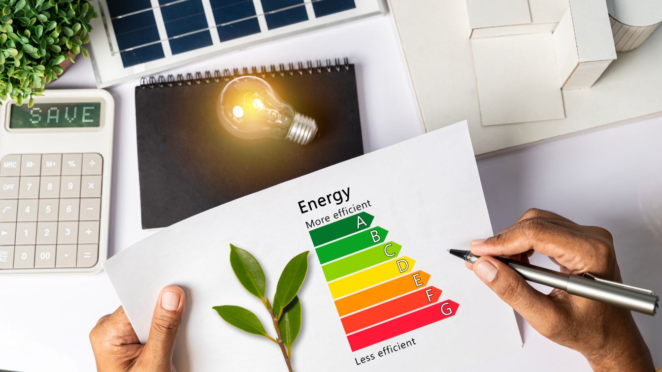 Grafico dell'efficienza energetica da tavolo con calcolatore del diagramma della casa Pannelli solari.