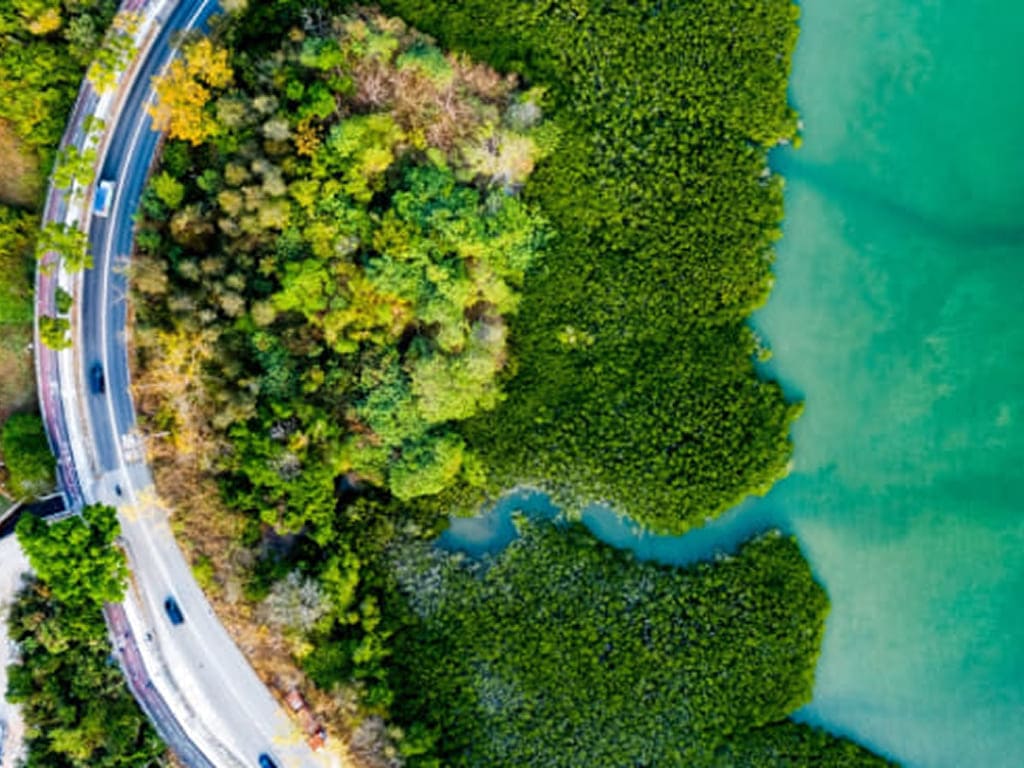 scenario pittoresco che combina montagne, vegetazione lussureggiante e acque costiere