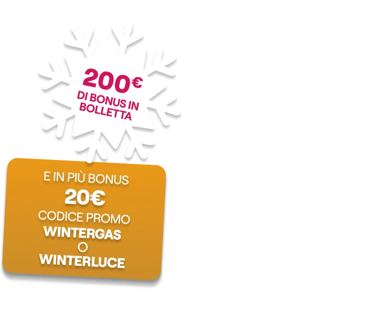 meno 22% componente energia, meno 36% materia prima gas, 200 euro di bonus in bolletta, e in più un bonus di 20 euro con il codice promo WINTERGAS o WINTERLUCE